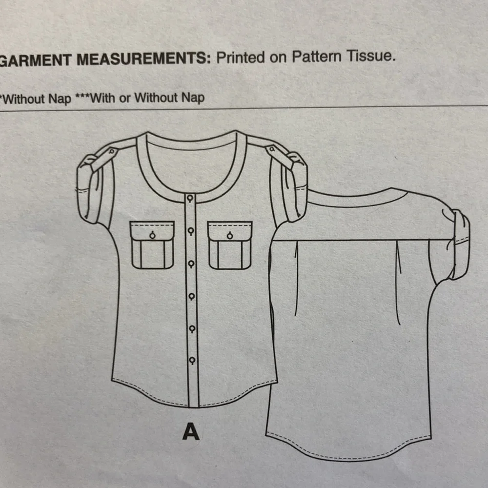McCall’s 6512 sewing pattern blouse, no shoulder seams, bust 34”-40”